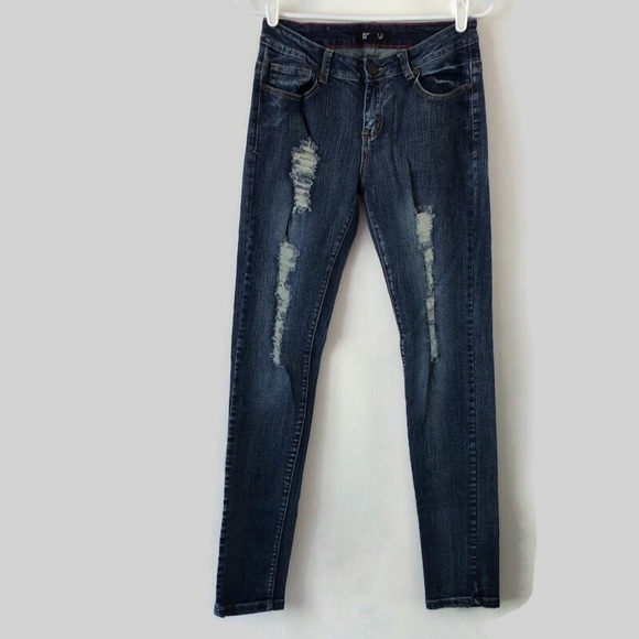 Forever 21 Jeans Mid Rise Straight Distressed Blue Dark Wash - Picture 1 of 11